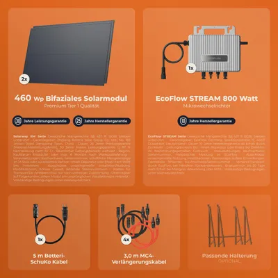 Produktbild von Solarway® 920Wp / 800W Balkonkraftwerk komplett Steckdose - neuester EcoFlow Stream 800 Watt Wechselrichter