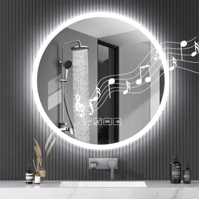 Produktbild von LED Badspiegel - Runder Wandspiegel mit Beleuchtung - Bluetooth Lautsprecher - 3 Farbtemperaturen - Beschlagfrei - Schminkspiegel - 60 cm