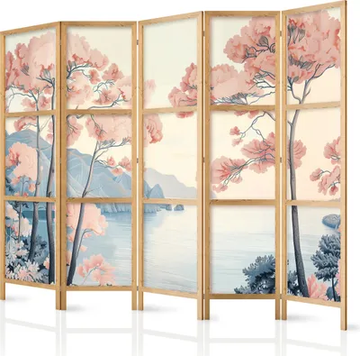 A five-panel room divider with a landscape painting of trees and water.