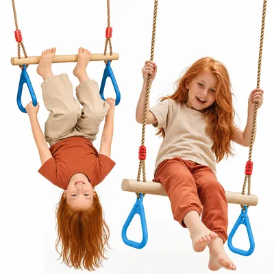 Produktbild von Goodevas Trapezstange mit Turnringen für Kinder – Holz-Schaukel, massive Kiefer, höhenverstellbar 110–198 cm, In- & Outdoor