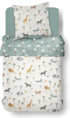 Produktbild von Kinderbettwäsche Set Afrika Safari Hell Blau 135x200 80x80 cm aus 100% Baumwolle mit Reißverschluss