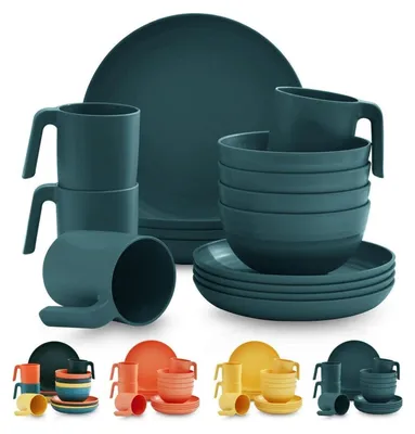 Image de set de 16 pièces de vaisselle en plastique incassable pour 4 personnes, facile à nettoyer, sans BPA, vert foncé