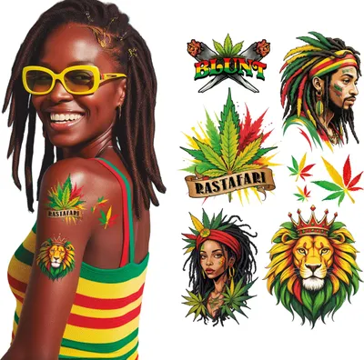 Immagine prodotto di Rastafari Jamaica Tattoos Colourful Designs Carnival Cool Body Art Temporary Hibiscus Ethno, Colore: Multicolore