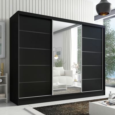 Schwebetürenschrank, 3-türig Schrank 200 cm mit Spiegel AURELIA 2 (Weiß, Schwarz, Sonoma, Eiche Kraft gold)
