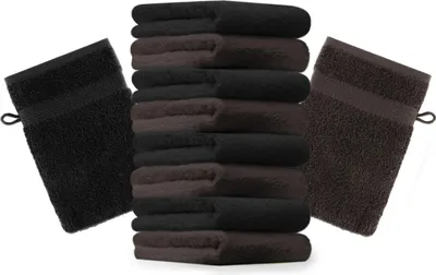 Produktbild von Betz 10 Stück Waschhandschuhe 16x21 cm PREMIUM Waschlappen Set dunkelbraun und schwarz 100% Baumwolle