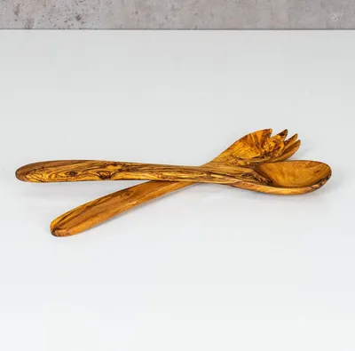 Produktbild von Salatbesteck Olivenholz - 2-teilig - 30 cm lang - natur - Servierbesteck - Gartenset - Gabel Löffel