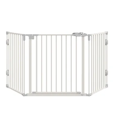 Produktbild von Hunde Absperrgitter Türschutzgitter Haustierschutzgitter verstellbar klappbar Kamingitter mit automatische schließenden Tür 3 Paneele für Ofen Wandmontage/Freistehend Weiß 202,5 x 76 cm