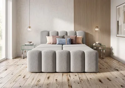 Produktbild von Boxspringbett Verona 180x200 cm | Inkl. 2 Matratzen & 2 Bettkästen | Weicher Bouclé-Stoff Quelle 83 Hellgrau, KI-generiertes Bild