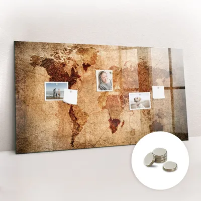 Obrázek produktu pro Magnetická Tabule na Zeď Skleněná - Memo Board Kleněnou Přední Stranou - 5 magnetů v balení - 120x60 cm - Stará mapa světa