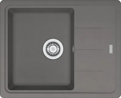 A top-down view of a gray kitchen sink with a drain.
