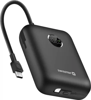 A black power bank with an integrated USB-C cable and a digital display.