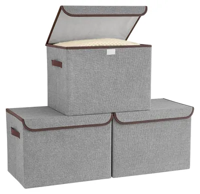Image de Boîtes de rangement avec couvercle, lot de 3, boîtes pliables avec poignées pratiques, 42 x 30 x 30 cm, boîtes de rangement avec couvercle hermétique, boîtes de rangement pour vêtements, gris