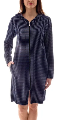 Produktbild von Aquarti Damen Bademantel Morgenmantel mit Reißverschluss Streifen Kurz Baumwolle, Farbe: Streifenmuster Dunkelblau, Größe: XL