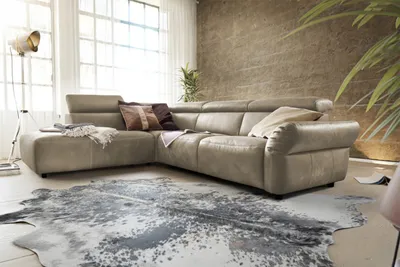 Produktbild von KAWOLA Sofa RISO Ecksofa mit motorischer Sitztiefenverstellung Leder grau Recamiere links