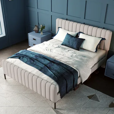 A bedroom scene with a bed, nightstands, and blue paneled walls.