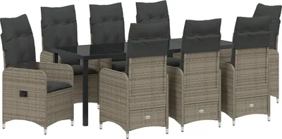 Produktbild von Möbel 9-teiliges Garten-Esstisch-Set mit Kissen Grau Poly Rattan - Gartenstühle 3379652