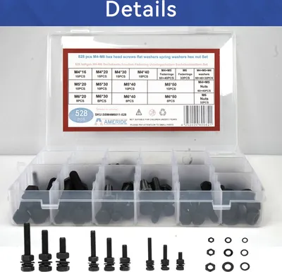 Produktbild von 528pcs Sechskantschrauben M4 M5 M6 Schrauben Muttern, Unterlegscheiden Sortiment, Edelstahl Schwarz