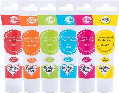 Produktbild von Rainbow Dust ProGel Lebensmittelfarben Set Regenbogen 6 x 25 g, Gel, Mehrfarbig, Künstliche Lebensmittelfarbstoffe, Marzipan, Kuchenteig, Zuckerpaste, 25 g, Tube