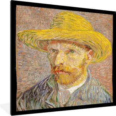 Produktbild von MuchoWow® Gerahmtes Poster Selbstbildnis mit Strohhut - Vincent van Gogh 40x40 cm - Poster mit Schwarzem Bilderrahmen Wandposter Rahmen Foto Bilder - Mit Rahmen - Wanddekoration Schlafzimmer