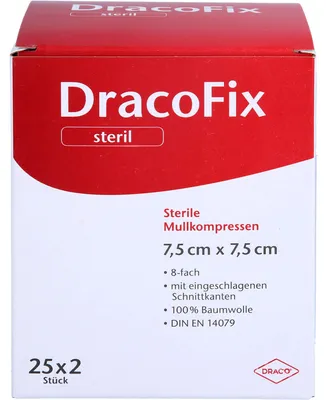 Produktbild von DracoFix sterile Mullkompressen zur Wundversorgung 7,5 cm x 7,5 cm 8-fach, 50 St. Kompressen