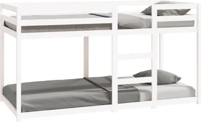 A white bunk bed with gray mattresses and pillows.