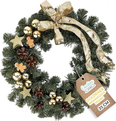 Obrázek produktu pro Creative Home Zlatý věnec na dveře 35 cm Jedlový věnec Umělý vánoční adventní věnec Vnitřní a venkovní vánoční věnec Dekorace na dveře Vánoční dekorace