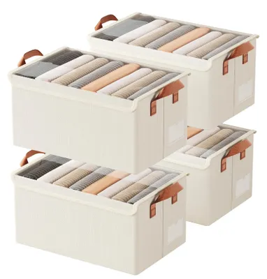 Image de Boîtes de rangement en tissu pour vêtements et jouets, lot de 4 boîtes de rangement pliables pour armoires et étagères, avec couvercle et poignée, 40 x 27 x 21 cm