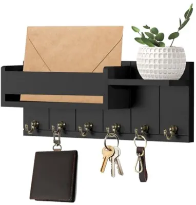 Produktbild von PromoHome® Schlüsselbrett mit Ablage – Holz Schlüsselkasten mit 6 Haken – Schlüsselhalter für die Wand – für Wohnzimmer, Küche, Büro, Flur