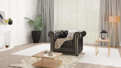 Produktbild von S-STYLE MÖBEL - Chesterfield Sessel aus Schwarz veganem Leder mit Holzfüßen - Area - B94xT86xH72 cm