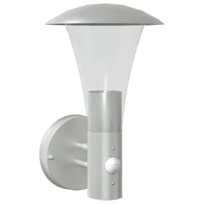 A silver outdoor wall light with a motion sensor, shown against a white background.
