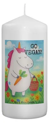 Produktbild von Mr. & Mrs. Panda Kerze Einhorn Vegan Design 15 x 7 cm - Weiß - Geschenk, Veganismus, Erinnerungskerze, Rohkost, Bedruckte, Blockkerze, Gesund essen, Veganer, Leben
