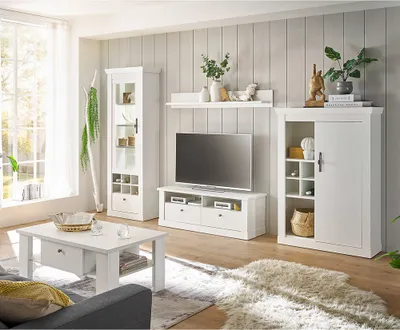 Produktbild von Wohnmöbel Set in Pinie weiß mit Couchtisch und LED-Beleuchtung, 5-teilig, Landhaus-Stil - RAPLA-61