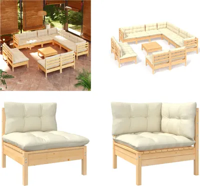 Produktbild von vidaXL 12 tlg. Garten Lounge Set mit Creme Kissen Massivholz Kiefer - Garten-Lounge-Set - Garten-Lounge-Sets - Gartenmöbel-Set - Gartenmöbel-Sets