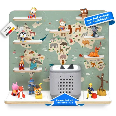 Produktbild von stadtecken® Kinder Regal für Musikbox I Geeignet für die Toniebox 1 & 2 und Tonies I Hörspiel I zum Aufstellen oder Aufhängen I Atlas