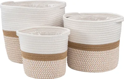 Produktbild von 3er Set Aufbewahrungskorb Rund Natur Weiß Übertopf Geflochten Boho Baddeko Deko