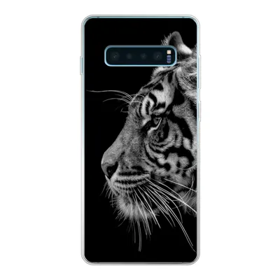 Produktbild von MuchoWow® Handyhülle Schutzhülle Hülle für Samsung Galaxy S10 Lite Tiger auf schwarzem Hintergrund in schwarz und weiß Silikon Softcase Handy Hülle - Schutz