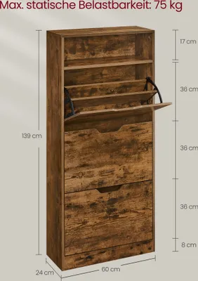 A diagram of a shoe cabinet with dimensions and weight capacity.