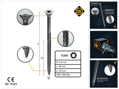 Produktbild von FORTE Tools Universal Holzschraube 4,5 x 50 mm T20 200 Stk. ( 000040113874 ) silber verzinkt Torx Senkkopf Teilgewinde