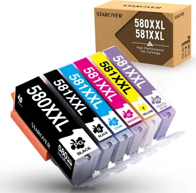 A set of printer ink cartridges and their packaging.
