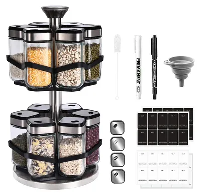 Obrázok produktu pre Sada sklenených nádob na korenie - 12 kusov - 120 ml - borosilikátové sklo - vzduchotesné - otočné o 360° - vhodné na korenie