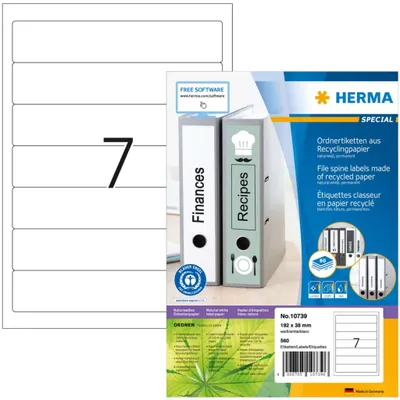 Obrázek produktu pro HERMA 10739, štítky do pořadníku A4, rozměr 192x38 mm, bílé, permanentní, vhodné pro úzké pořadníky