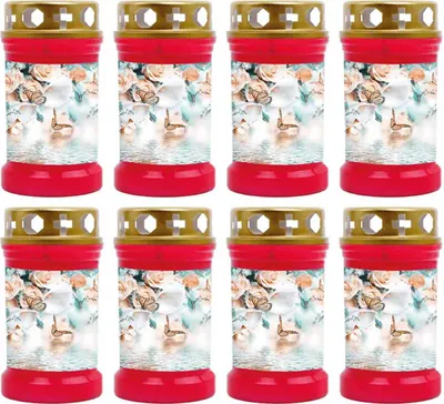 Produktbild von Grabkerze Rot 8er Pack, Brenndauer: 40 Stunden ( je Kerze ), Motiv: Schmetterling