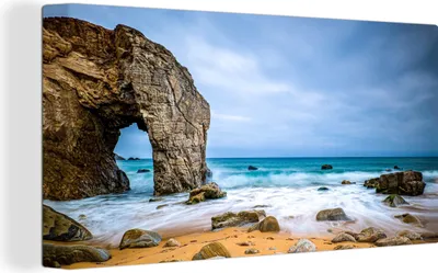 Produktbild von OneMillionCanvasses® - Leinwandbilder - Bild auf Leinwand Wandbild Leinwandbild Steine - Wasser - Strand - Felsen - Wellen, 80x40 cm, Kunstdruck Wandkunst Gemälde auf Holzrahmen - Bilder auf Leinwand