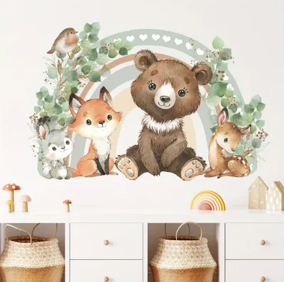 Produktbild von Wandtattoo mit Waldtieren, Wandsticker Deko, Wandsticker für Kinderzimmer, Bär Fuchs Herz Regenbogen Blätter Spatz Tier Wanda