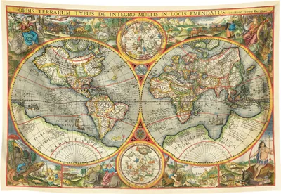 Produktbild von Wandteppich mit alter Weltkarte | Petrus Kaerius doppelte Hemispheren 165x120cm