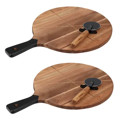 Immagine prodotto di Set da 2 taglieri per pizza, forma rotonda, diametro 30 cm, inclusi rotella per pizza. Realizzati in legno di acacia, con manico e scanalature guida. Tagliere in legno, tagliapizza