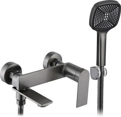 A modern bathroom faucet and shower head set.