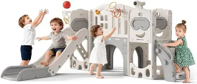 Produktbild von 11-in-1 Kleinkinder-Spielset mit Rutsche, Kinder Fun-Slide mit Basketballkorb,Kinderrutsche, Gartenrutsche Kleinkinderrutsche für 2 3 Jahre, Indoor & Outdoor Rutschbahn mit Rutschauslauf