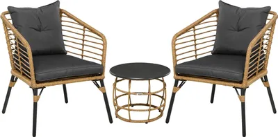 Productafbeelding van Rieten tuinmeubelset, 3-delige zithoek, inclusief salontafel en 2 stoelen, bistroset met kussens, balkonmeubilair, kleur: beige en donkergrijs