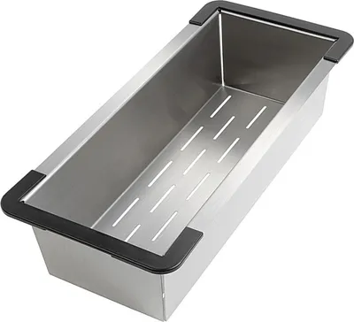 A stainless steel sink insert with black corner protectors and a perforated bottom.